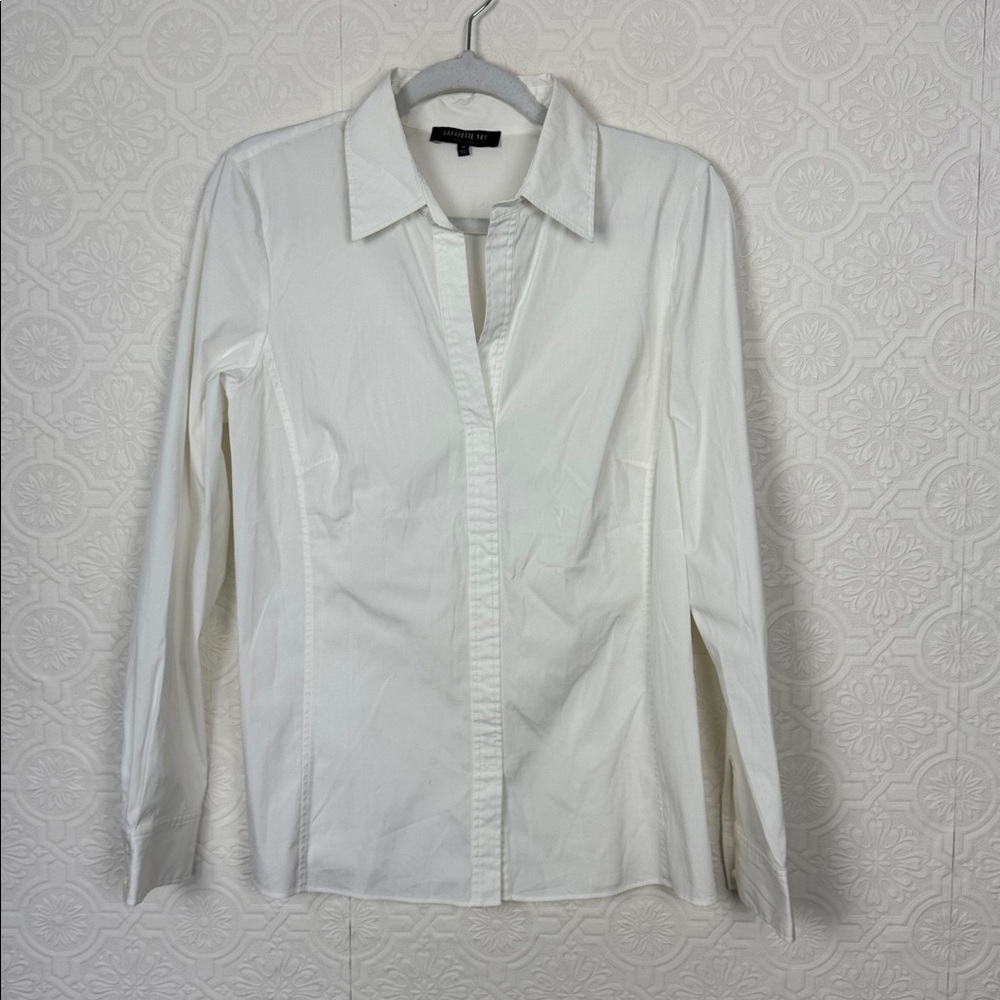Lafayette 148 New York White Stretch Button Front Blouse Size 10 Tailored Shirt